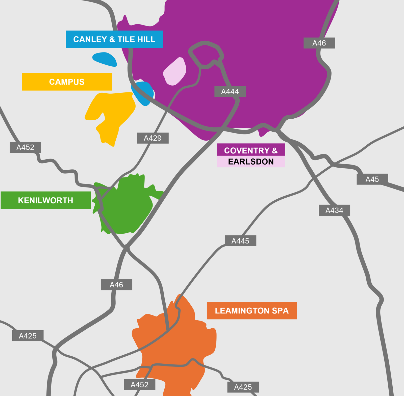 Map of local areas to reside in surrounding Warwick campus, with Coventry outlined in purple, Kenilworth outlined in green, Canley and Tile Hill outlined in blue, Leamington outlined in orange and campus outlined in yellow